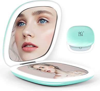Compact Mirror, Nuoya 2-Sided Rechargeable Travel Makeup Mirror, 1X/10X Magnification Lighted Pocket Mirror, 3 Colors & Brightness Dimmable, Portable Folding Mirror for Travel , Home, Office (Green)