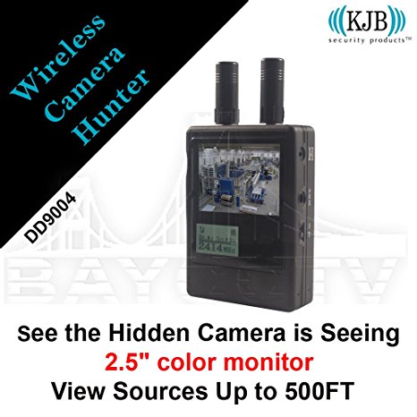 KJB DD9004 2.5" Color monitor Camera Hunter Wireless Camera Hunter. Can scan all common frequencies in 5 seconds. View sources up to 500ft away. Can see exactly what the hidden camera is seeing.