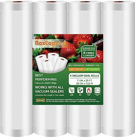 BoxLegend 4 Pack 11'' x 25' Vacuum Sealer Bags Rolls BPA Free, Heavy Duty Food Saver Bags, Fits inside Machine Vac Seal Rolls, Cut to Size Food Storage Bags for Sous Vide, Meat Prep (100ft in Total)