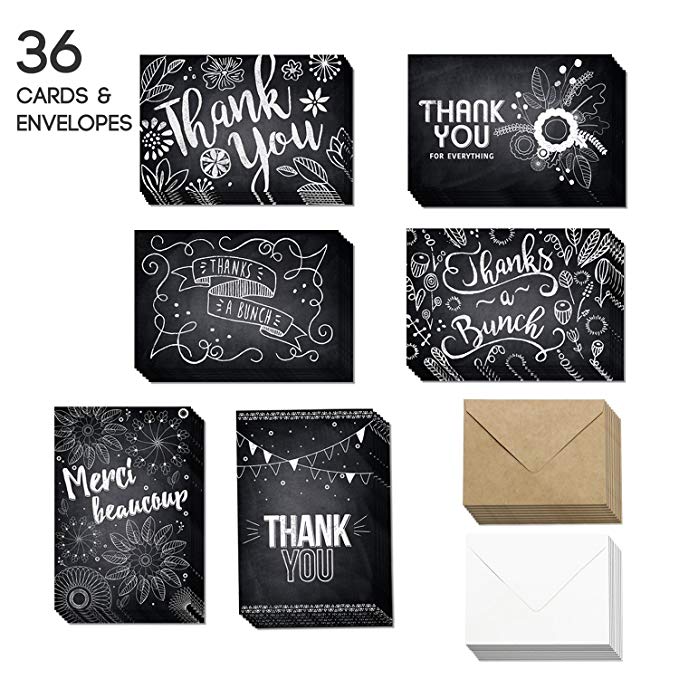 36 Blank Thank You Cards - Bulk 4x6 Cute Chalkboard Cards with Envelopes for Men & Women