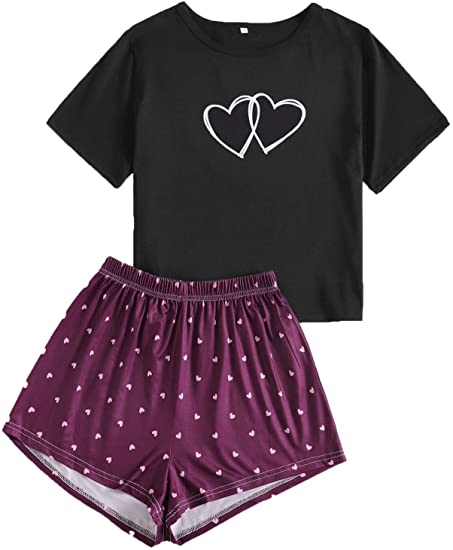 DIDK Women's Casual Cute Printed Short Sleeve Top and Shorts Pajama Set