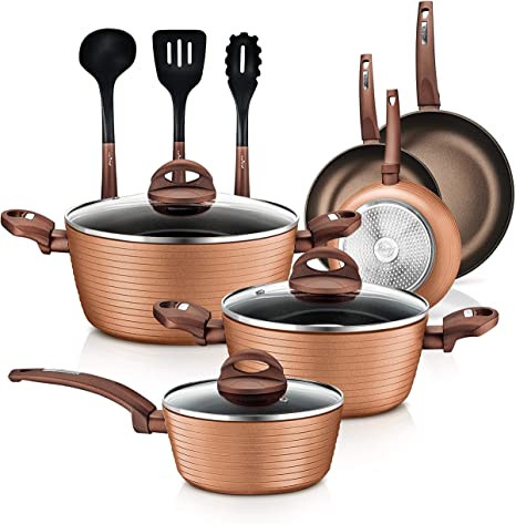 NutriChef Kitchenware Pots & Pans-Stylish Cookware,Non-Stick Coating Inside&Outside   Heat resistant Lacquer, Coffee Inside and Brown Outside (12-Piece Set), One Size