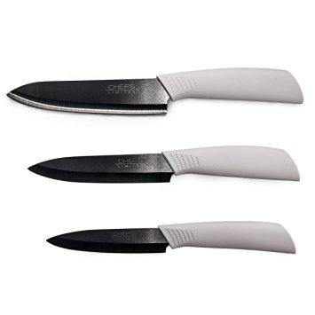 Ceramic Kitchen Knives-3 Piece Set- 4" Pairing/Fruit, 5" Utility /Slicing, 6" Chefs Carving Knife With Gift Box. Beautiful Cutlery With White Handles And Black Blades.