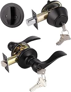 2 Pack Exterior Door Lever Lockset with Single Cylinder Deadbolt Black Door Handle with Deadbolt Lock Set Keyed Alike, Matte Black Finished