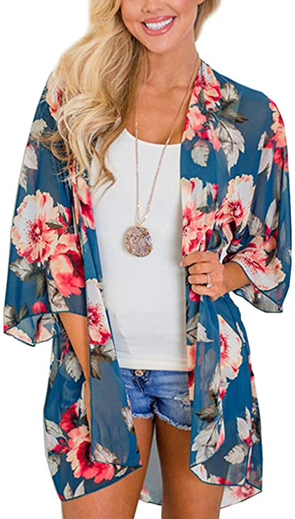 BB&KK Women's Floral Kimono Cardigans Chiffon Casual Loose Open Front Cover Ups Tops