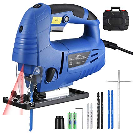 Jigsaw, TOPELEK 6.5Amp 3000SPM Laser Jig Saws with LED Light, 6 Variable Speed, [-45°-45°]Bevel Cutting Angle, 6PCS Jigsaw Blades, Guider Ruler, Allen Wrench in Carrying Case, for Wood, PVC, Metal Cutting