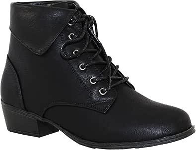 TOP Moda EC89 Women's Foldover Lace Up Low Chunky Heel Ankle Booties