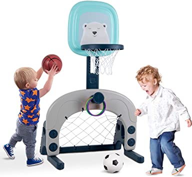 Basketball Hoop Set, 3-in-1 Kids Basketball Stand Sports Activity Center Ball Games Adjustable Easy Score Basketball Hoop, Football / Soccer Goal / Ring Toss, Best Gift for Toddlers Kids Boys & Girls