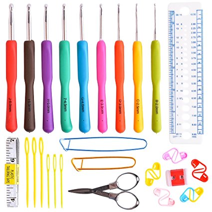 Crochet Hooks Set 9 Sizes, Ergonomic Grip Handle with Sewing Tape Measure, Gauge Measure Ruler, Yarn Needles, Stitch Markers and Holders, Row Counter 22 pcs Accessories in Strudy Case by Ouway