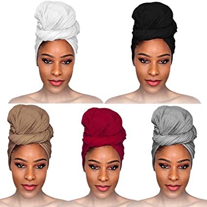 fani 5 Pieces Stretch Jersey Head Wrap Stretchy Knit Turban Headwraps Extra Long Hair Scarf Urban African Head Wrap Head Band Solid Color Ultra Breathable Soft Turban Tie for Women