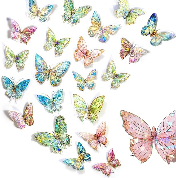 Aromoty Butterfly Stickers Set Ice Crystals Holographic Shiny Transparent Resin Waterproof Stickers Decals (80 Pieces with 4 Themes) for Scrapbooking Supplies Junk Bullet Journals Daily Planner Laptop