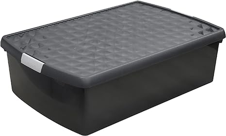 Rammento Set of 4 Under Bed Storage Boxes - Strong Black Stackable Units with Secure Clip Top Lid, 30 Litre | Home or Office, Made from Recycled PP Plastic, UK Made - 59cm x 40cm x 17cm