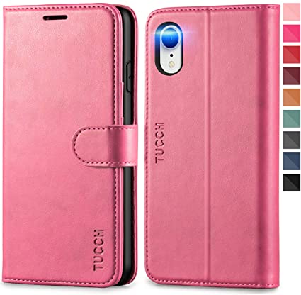 TUCCH iPhone XR Case, RFID Wallet Case PU Leather iPhone XR Flip Cover with Credit Card Slot   Side Cash Pocket   Magnetic Clasp Closure   Kickstand Compatible with iPhone XR (6.1 inch 2018)- Hot Pink