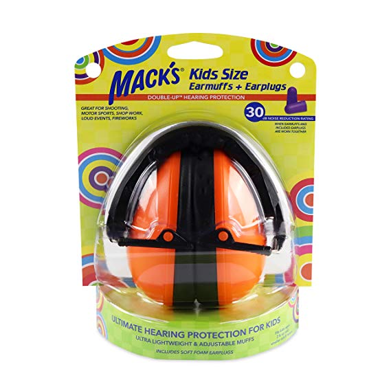 Mack’s Double-Up Hearing Protection Kids Earmuffs with Earplugs – Highest NRR 30dB – Comfortable, Adjustable, Foldable Kids Ear Protection for Loud Events, Shooting and Motor Sports (Orange)