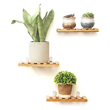 Rerii Wall Display Shelves, 3-Tier Natural Bamboo Flower Potted Plant Stand, Floating Shelf for Home, Office - 9.8" L x 4.3" W x 0.8" H