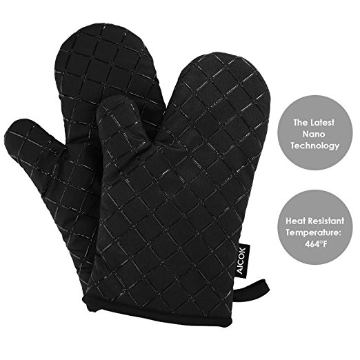 Aicok Oven Gloves Non-Slip Kitchen Oven Mitts Heat Resistant Cooking Gloves for Cooking, Baking, Barbecue Potholder, Black, 1 Pair