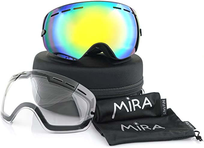 Mira - Ski Goggles With Two Changeable Lenses for all Weather Conditions - Ultra Wide Panoramic Lenses - Anti-Fog, Anti-Wind, UV400 Protection - OTG Wear Over Glasses - Snowboarding Goggles