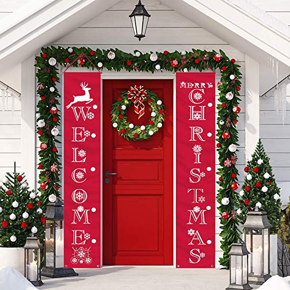 LUCKKYY Christmas Banner Decoration Outdoor Indoor Christmas Decorations weclome Merry Christmas Bright Porch Sign Red Xmas Decor Banner Christmas Door Banner Merry Christmas Outdoor Sign (Red)