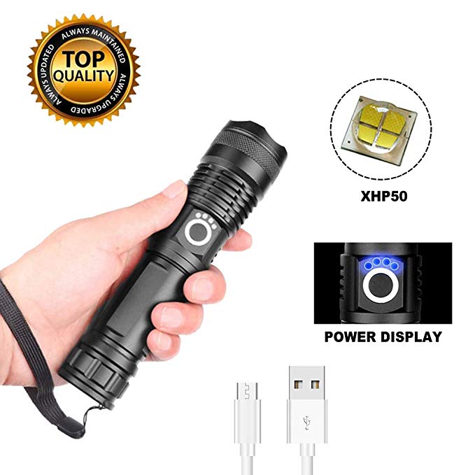SeaHome USB Rechargeable LED Flashlight, Telescopic Zoom Waterproof Camping Flashlight, 90000 Lumens 3 Modes Water Resistant Handheld Torch for Outdoors Emergency (XHP50)