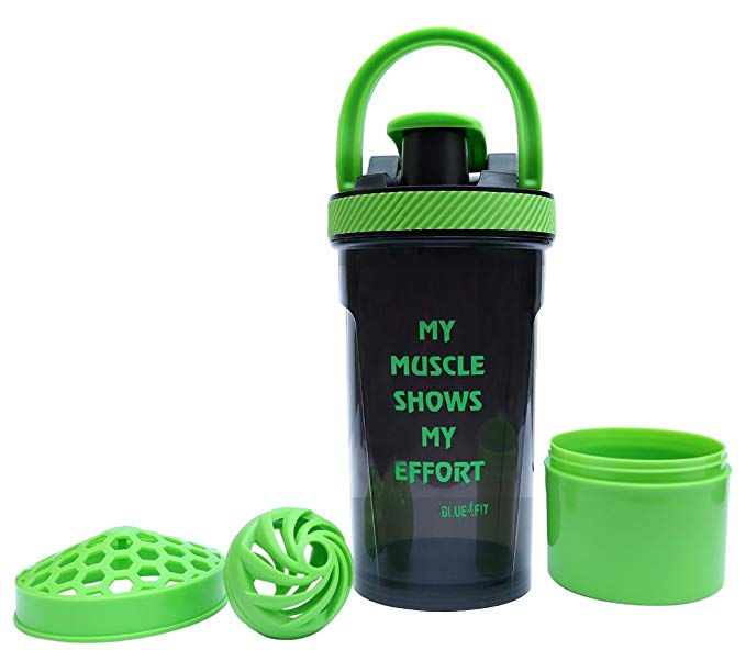 BlueFit Hardy gym shaker bottle 700 ml protein mixer with protein powder storage box (Black /Green)