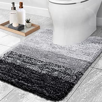 OLANLY Luxury Toilet Rugs U-Shaped, Extra Soft and Absorbent Microfiber Bathroom Rugs, Non-Slip Plush Shaggy Toilet Bath Mat, Machine Wash Dry, Contour Bath Rugs for Toilet Base, 20x24, Black