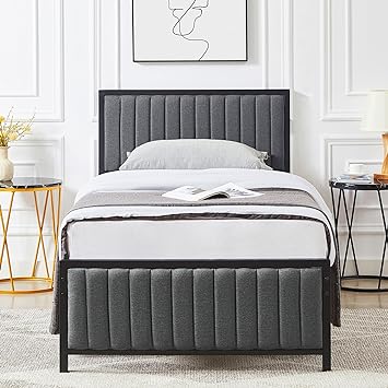 VECELO Twin Bed Frame with Upholstered Tufted Headboard & Footboard, Heavy Duty Steel Slats Platform, No Box Spring Needed, Grey