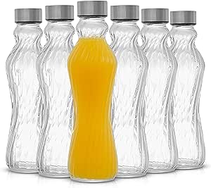 JoyJolt Fluted Glass Water Bottles Set of 6 - 18 oz Glass Bottles with Stainless Steel Caps - Glass Drinking Bottles with Leakproof Lids - Reusable Glass Juice Bottle - Container Bottle Set