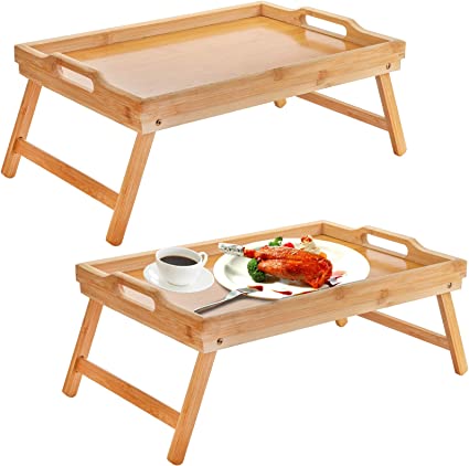 Lawei 2 Pack Bamboo Foldable Breakfast Table, Bed Tray Table with Legs, Serving Tray with Handles, Portable Food Table for Serving Breakfast in Bed, Laptop Desk Snack Tray for Eating, Reading, Working