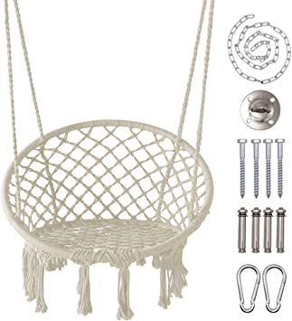 LAZZO Hammock Chair with Hanging Kit and Chain, Cotton Rope Macrame Swing, 260Pounds Capacity, 20" Width, for Indoor, Garden, Patio, Yard (Beige)