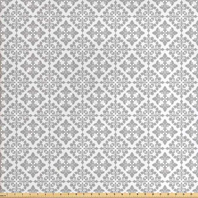 Ambesonne Grey Fabric by The Yard, Antique Victorian Floral Retro Patterns in Modern Graphic Print Old Fashioned Art, Decorative Fabric for Upholstery and Home Accents, 2 Yards, Gray White