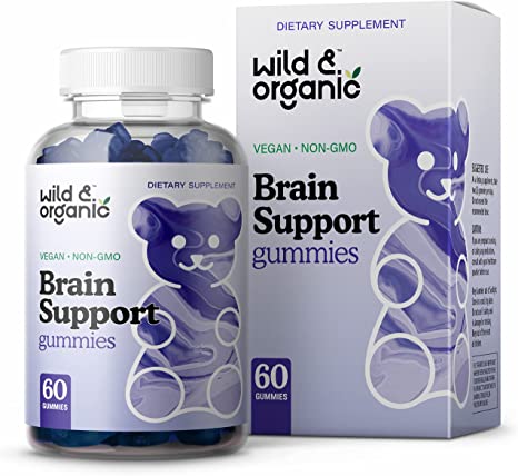 Wild & Organic Brain Booster Gummies - Natural Nootropic Dietary Supplement to Support Cognitive Function, Sharpen Memory - Ashwagandha, Bacopa, Ginkgo Biloba, Rhodiola Rosea, DMAE - 60 Chewables