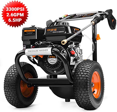 TACKLIFE Gas Pressure Washer, 3300 PSI 2.6 GPM with 6.5 HP, High Efficiency Power by 212cc Engine, 5 Nozzles and 3.8L Detergent Tank, 360 ° Easy to Remove Dirt, for Vehicle, Garden, Barbecue