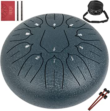 Happybuy Steel Tongue Drum 11 Notes 10 Inches Dia Lotus type Tongue Drum Navy Blue Handpan Drum Notes Percussion Instrument Steel Drums Instruments with Bag, Music Book, Mallets,Mallet Bracket