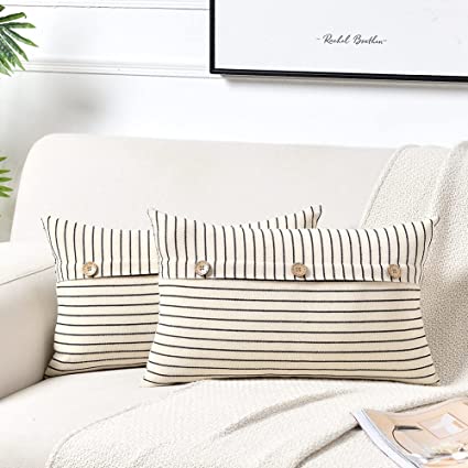 Fancy Homi 2 Packs Farmhouse Lumbar Decorative Throw Pillow Covers 12x20 Inch with Triple Buttons for Couch Bed Living Room, Boho Home Decor, Black and Beige Striped Linen Rectangle Cushion Case