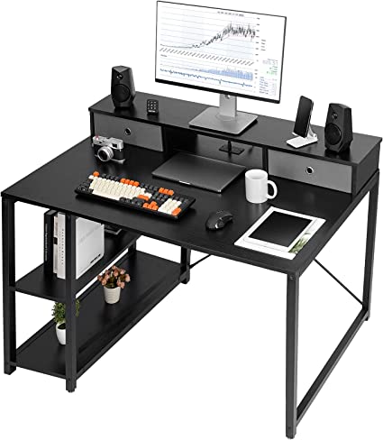 TOPSKY 47”x 31.5” Computer Desk with Drawers, Monitor Stand, Storage Shelf, 3-Port Charging Station (Black)