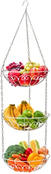 EZOWare 3 Tier Hanging Fruit Basket, Heavy Duty Wire Bowl Vegetable Holder Produce Baskets - Kitchen Storage Organizer for Fruits Veggies Plants Household Bathroom Items - Chrome