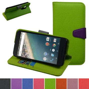 Nexus 5 5X 2nd Gen CaseMama Mouth Stand View Flip Premium PU Leather Stand Wallet Case With Built-in ID Credit Card  Cash Slots Cover For LG Nexus 5 5X 2nd Generation 2015Green