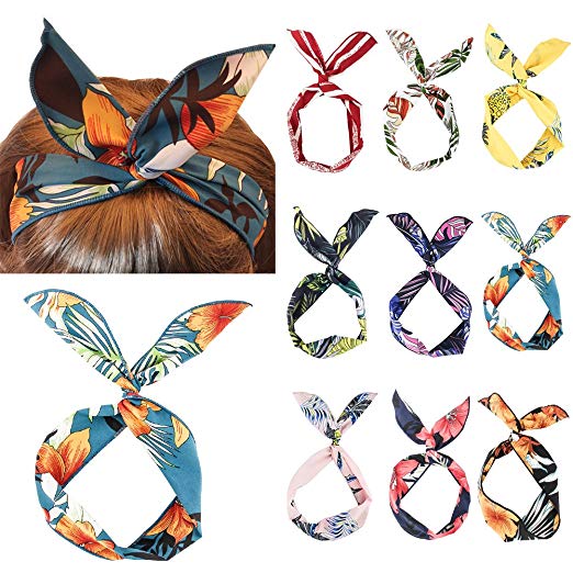 Yeshan Fashion Twist Bow Wire Leaf designs Vintage Headbands Headwrap Boho Floral Printed Rabbit ear Wire Hairbands Hair Holder Hair Accessory for Women and Girls,Pack of 9