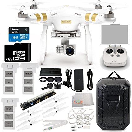 DJI Phantom 3 Professional Drone w/ 4K Camera, 3-Axis Gimbal & Manufacturer Accessories   2 DJI Intelligent Flight Batteries   Water-Resistant Hardshell Backpack   7PC Filter Kit (UV-CPL-ND2-400-Lens Hood-Stabilizer)   MORE
