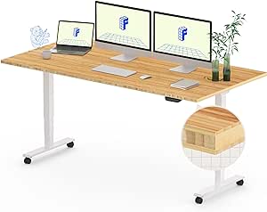 FLEXISPOT E6 Bamboo Dual Motor 3 Stages Standing Desk 60x30 Inch Whole-Piece Board Electric Height Adjustable Desk Stand Up Desk Large Load Capacity(White Frame   Bamboo Desktop)