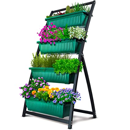 4-Ft Raised Garden Bed - Vertical Garden Freestanding Elevated Planters 4 Container Boxes - Good for Patio Balcony Indoor Outdoor - Cascading Water Drainage (1-Pack Fernie/Forest Green)