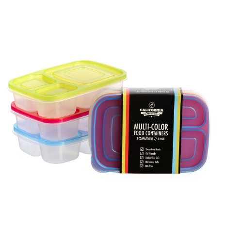 California Home Goods 3 Compartment Reusable Food Storage Containers for Kids and Adults, Microwave, Dishwasher Safe, Multi-Colored, Set of 3