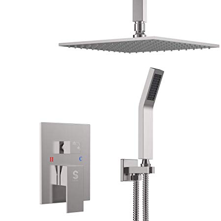 SR SUN RISE 10 Inch Ceiling Mounted Shower System Brushed Nickel Bathroom Luxury Rain Mixer Shower Combo Set Ceiling Install Rainfall Shower Head System (Contain Shower Faucet Rough-In Valve Body)