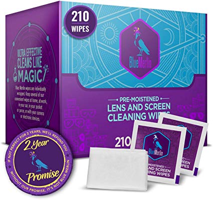 Blue Merlin Lens Wipes | Pre Moistened Glasses Wipes Also for Phone Screen and Camera Lenses | Perfectly Saturated | Eyeglass Cleaner | 210 Travel Lens Wipes | Safe for Coated Lens Cleaning