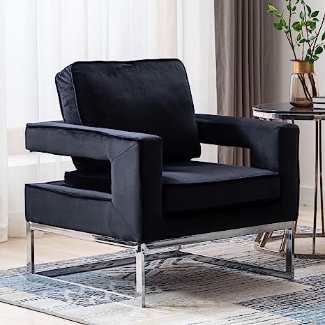 CIMOO Velvet Accent Chair with Back for Living Room, Modern Armchair for Bedroom Tufted Single Sofa Chair Upholstered Comfy Reading Chair Extra Wide Arm Chair with Sliver Legs, Black