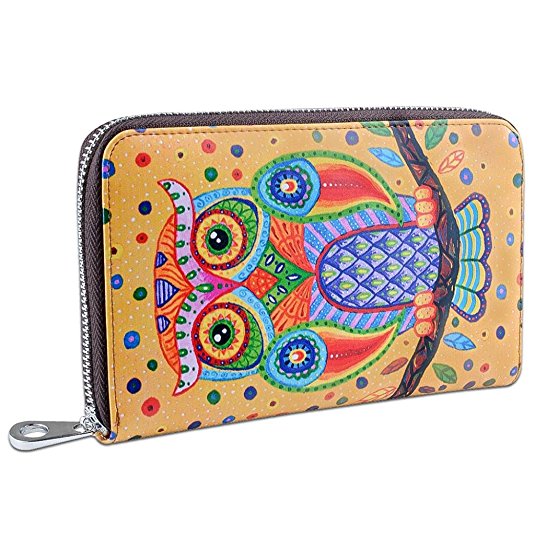 YALUXE Women's Owl Print Real Leather Large Clutch Wallet for Card Phone Passport Checkbook