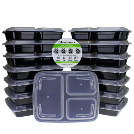 Freshware 3 Compartments Bento Lunch Box with Airtight Lids (15 Pack), Black