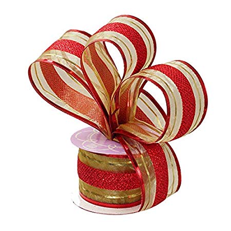 Red Gold Christmas Wired Ribbon - 2 1/2" x 10 Yards, Striped, Gift Wrapping, Wreath Decoration, Garland, Tree Topper Bow, Boxing Day, Valentine's Day, Wedding, Reception, Anniversary, School Dance