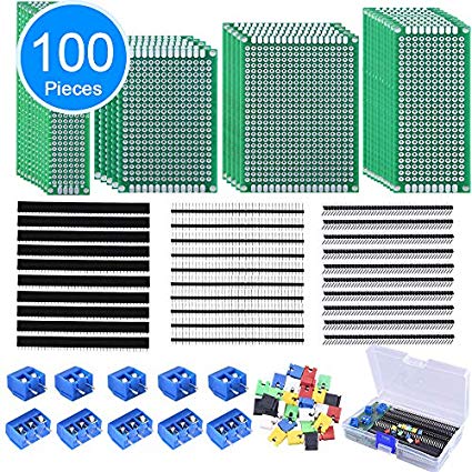 AUSTOR 100 Pcs PCB Board Kit Including 30 Pcs Double Sided Prototype Boards and 30 Pcs 40 Pin 2.54mm Male and Female Header Connector(Bonus: 10 Pcs 2P&3P Screw Terminal Blocks and 30 Pcs Jumper Caps)