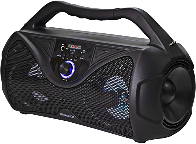 Magnavox MMA3836 Portable Stereo Speaker with FM Radio, Color Changing Lights, and Bluetooth Wireless Technology in Black | Microphone Input | Rechargeable Battery |